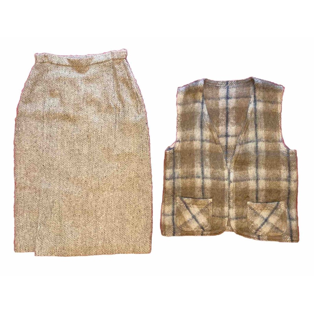 VTG Donegal Design Womens 2-Pc Mohair Wool Lined Skirt & Vest Hand Woven Ireland